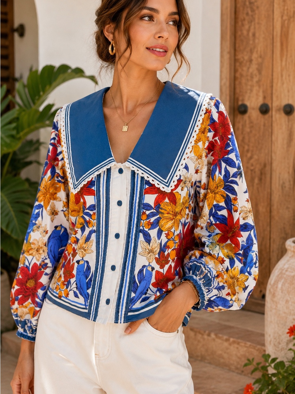 Farm Rio x Anthropologie Tropical Parrot Floral Sailor Collar Blouse S
